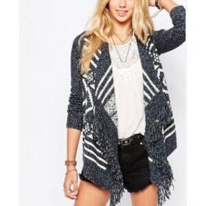 Hollister Gray Aztec Sweater Size S Open Front Cardigan Tassels Southwestern